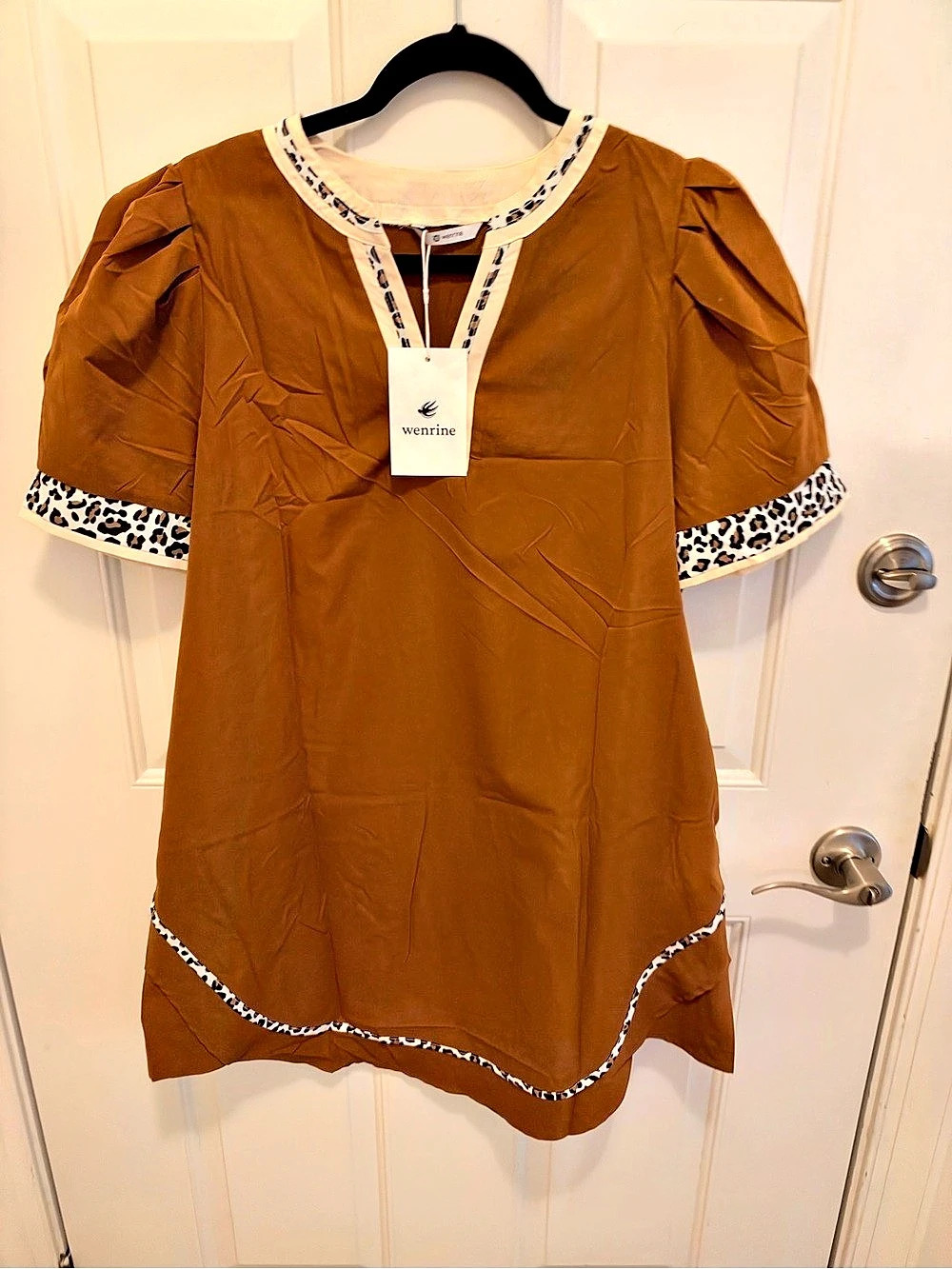 Wenrine RT1131 Animal Print Trim Dress in Brown